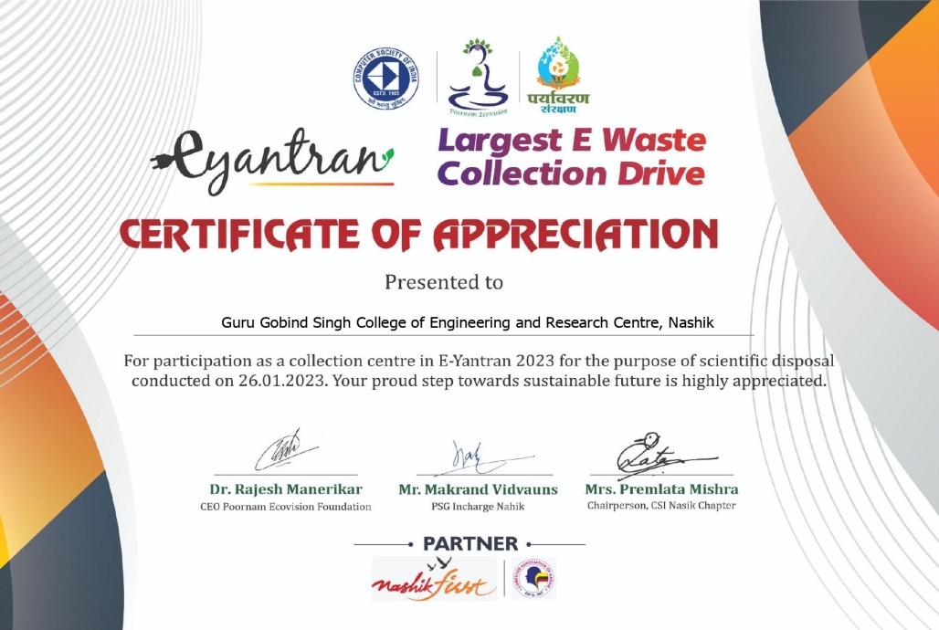 Appreciation  Certificate from  E-Yantran as a collection center